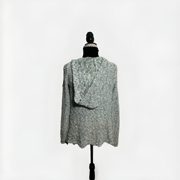 MOTH BY ANTHROPOLOGIE Nubby Knit Open-Front Hooded Cardigan Sweater Teal White M - Picture 3 of 8
